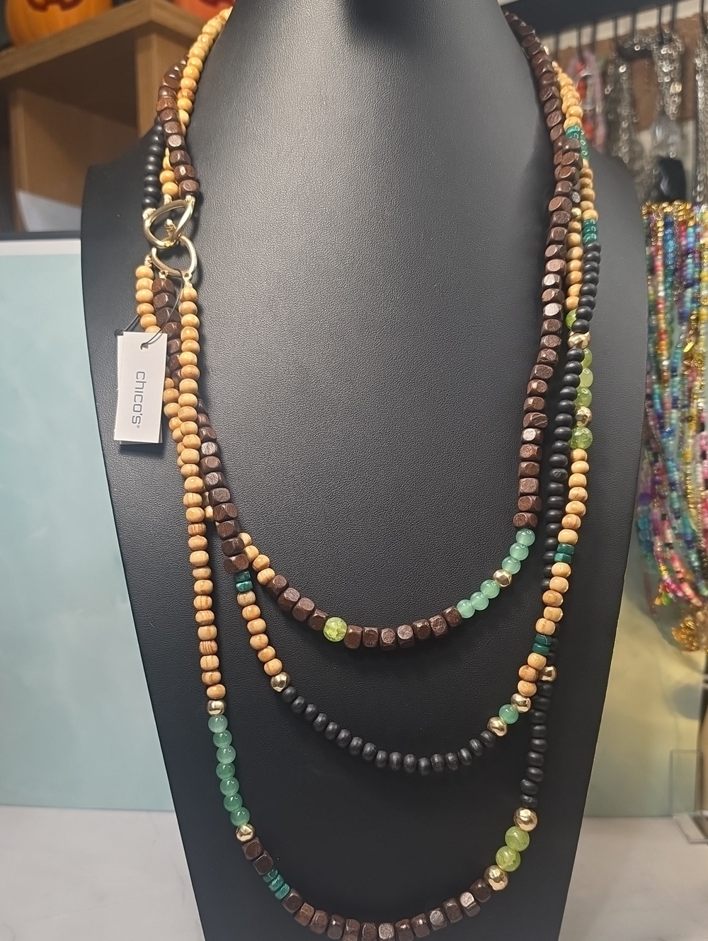 Chico's Multi-Strand Beaded Necklace in Brown, Green & Black